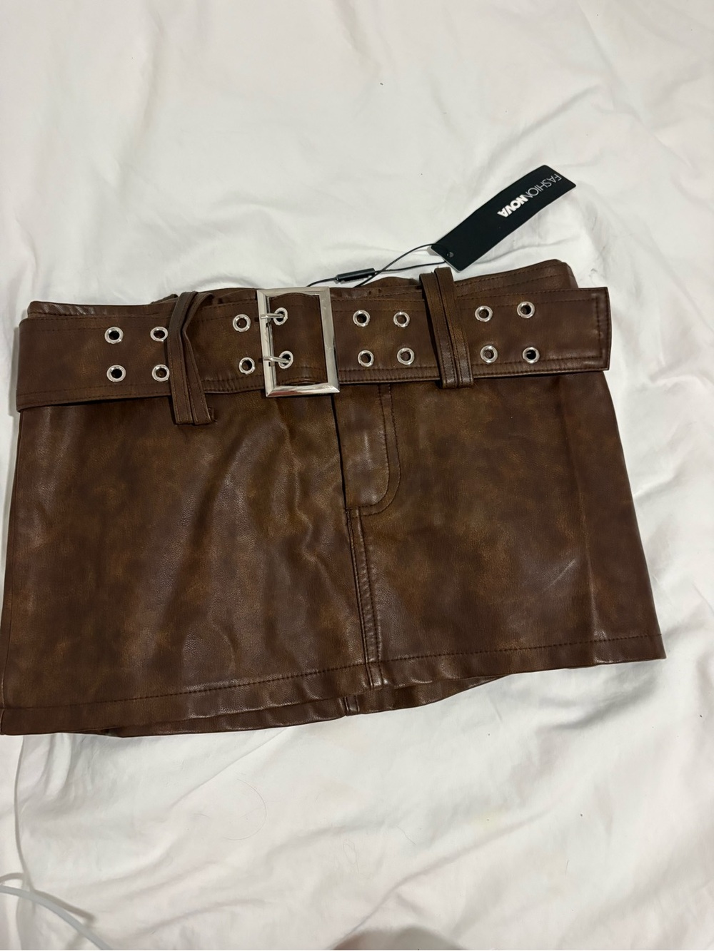 Fashion Nova Brown Faux Leather Mini Skirt with Belt